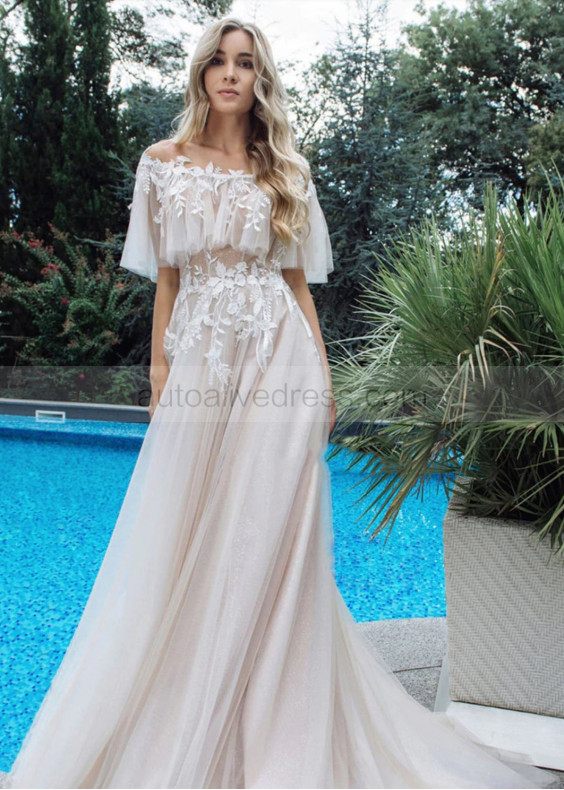 Off Shoulder Ivory Lace Champagne Tulle Wedding Dress